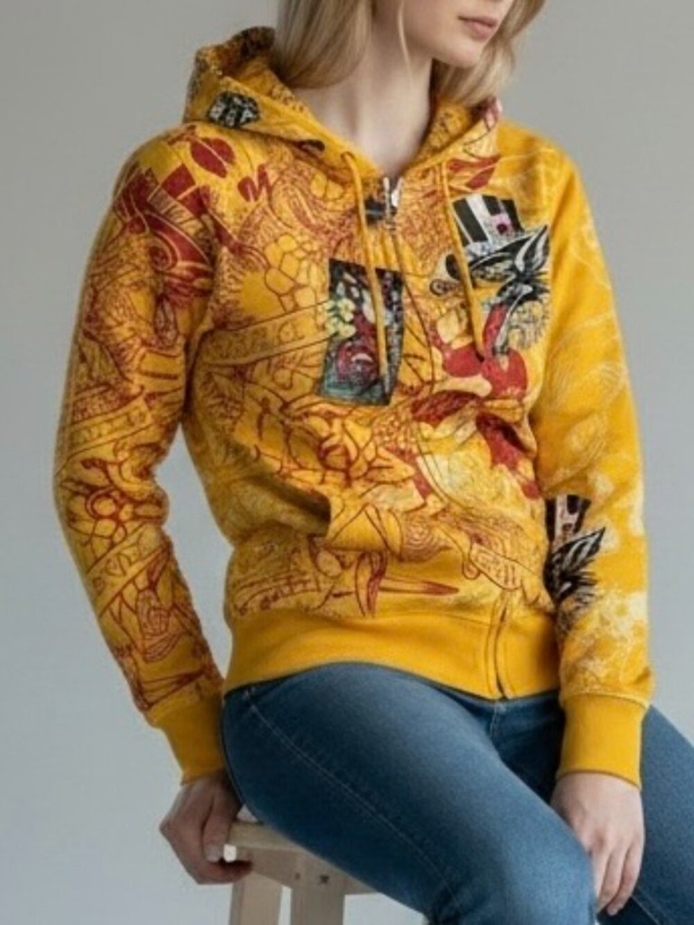 VINTAGE Ed Hardy by Christian Audigier NWT Yellow Zip Hoodie Death or Glory S